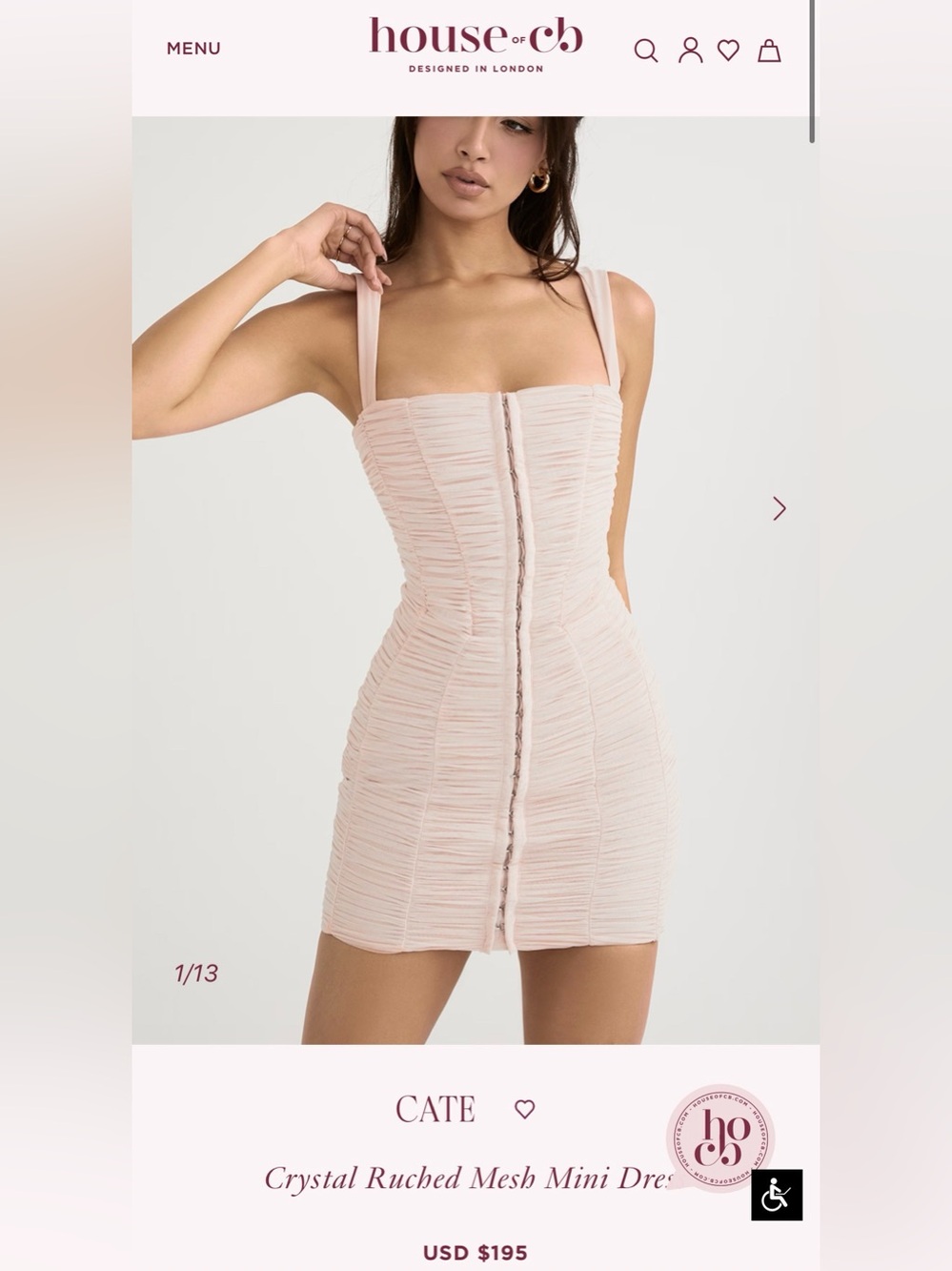 House of CB “Cate” Crystal Ruched Mesh Mini Dress in soft pink - brand new